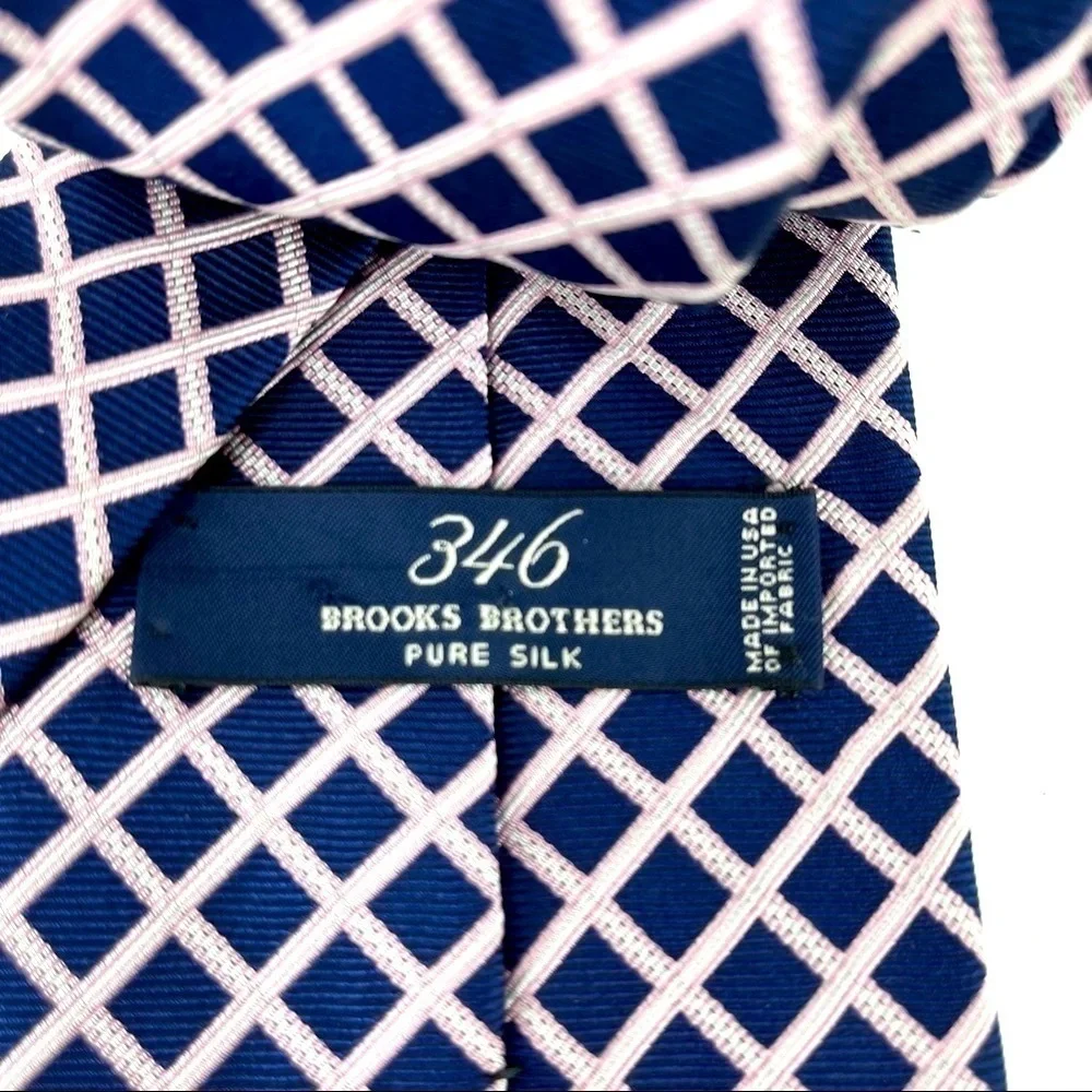 Brooks Brothers 346 Mens Silk Tie Navy Blue Pink White Grid‎ Check Pattern USA
